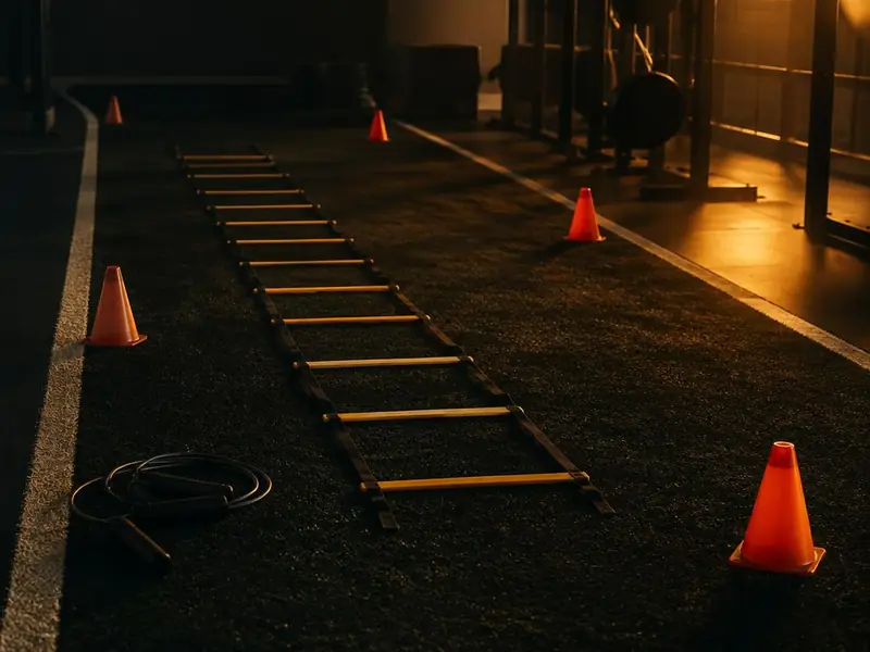 An agility ladder, cones and a speed rope laid out on a dark turf training strip