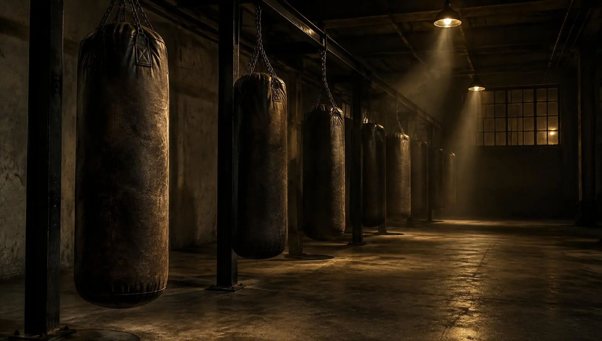 A row of worn leather heavy bags hanging in a dim concrete gym with a shaft of warm light across the floor