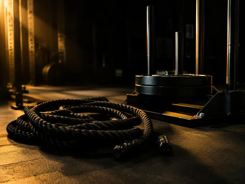 Coiled battle ropes on a rubber gym floor beside a loaded weight sled