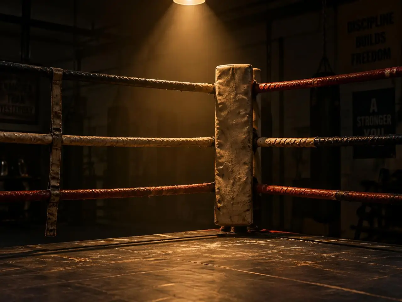 An empty boxing ring corner with taped ropes and a scuffed canvas floor under a single overhead lamp